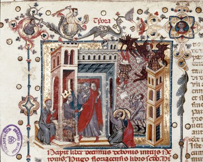 Codices Cavenses, Cod.25 f.181, Simon Magus, the Emperor Nero, and the Apostles, miniatyr från Speculum Historiale, del I, av Vincent de Beauvais, c.1320 (tempera på veläng) av Italian School