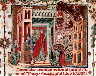 Codices Cavenses, Cod.25 f.181, Simon Magus, the Emperor Nero, and the Apostles, miniatyr från Speculum Historiale, del I, av Vincent de Beauvais, c.1320 (tempera på veläng) av Italian School