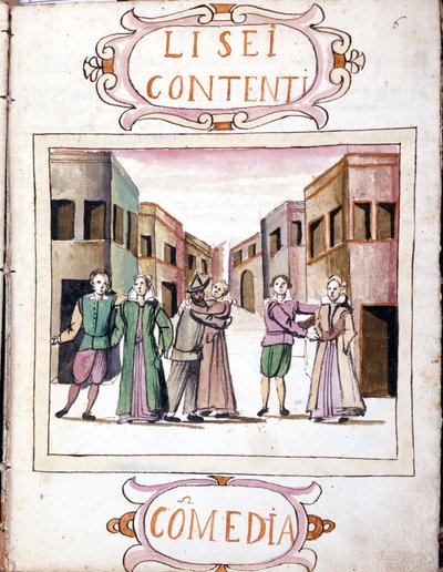 Komedi av Li sei contenti efter manuskriptvolymen "Scenarier av de mest utvalda histrionerna" "(1621 - 1643). Rom, Accademia dei Lincei. av Italian School