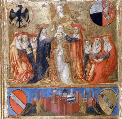 Kröning av Pius II (Enea Silvio Piccolomini) (1405 till 1464). Italiensk påve (1458-1464). På nedervåningen ligger den befästa staden Siena. Bicherna (omslaget till Sienas räkenskapsregister) från 1460. Nationellt arkiv - Museo delle Tavolette de B av Italian School