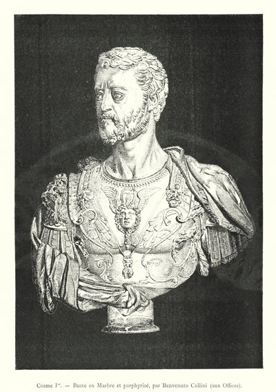 Cosimo I, Byst i marmor och porfyr, av Benvenuto Cellini, vid Uffizi (gravyr) av Italian School