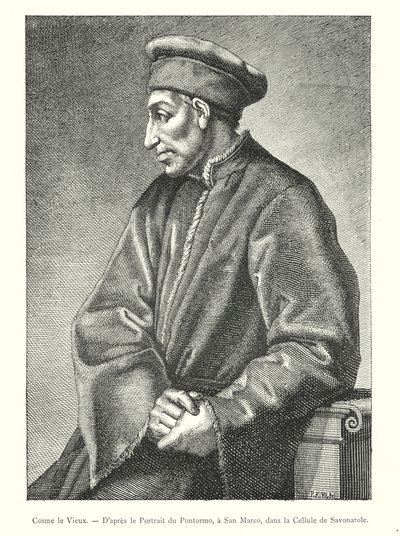 Cosimo den äldre, efter porträttet av Pontormo, på San Marco, i Savonarolas cell (gravyr) av Italian School