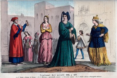 Dräkter i Siena mellan 1300- och 1400-talet - kläder i Siena mellan 1300- och 1400-talet - gravyr från "" Usi e kostymer för alla universums folk. Det är historien om regeringen, lagarna, milisen, religionen för alla n av Italian School