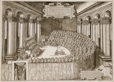 Council of Trent, 1563, från en etsning publicerad i Venedig 1565, illustration från The Church of England: A History for the People av H.D.M. Spence-Jones, pub. ca 1910 (sepiafoto) av Italian School