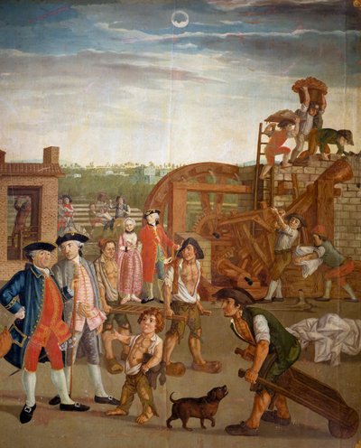 Innergård med maskiner för fyllning av tyger, detalj från Brothers Wetter textilfabrik i Orange av Italian School