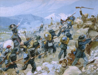 Krimkriget och slaget vid Chernaya, 16 augusti 1855, illustration från ett album om Risorgimentos historia gjord för chokladen Talmone, sent 1800-tal av Italian School