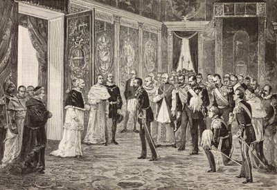 Kronprins av Tyskland (framtida Fredrik III) tas emot av påven Leo XIII i tronrummet, Vatikanen, gravyr från teckning av Ximenes från skiss av Dal Don, från L