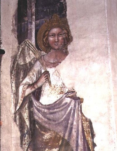 Krönad figur som håller ett palmblad, möjligen en ängel (fresk) av Italian School