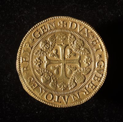 Republiken Genes valuta: 12,5 dubbelt guldmynt. Diameter 61 mm. 1656. framsida. Genes Museum of Strada Nuova (inv. 6456) av Italian School