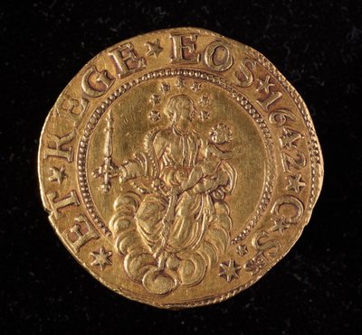 Republiken Genes valuta: dubbla fem guldmynt. Diameter 41 mm. 1642. tillbaka. Genes Museum of Strada Nuova av Italian School