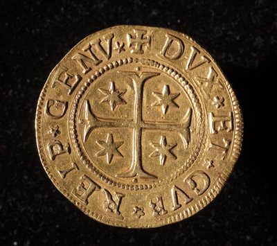 Republiken Genes valuta: dubbla fem guldmynt. Diameter 41 mm. 1652. Framsida. Genes Museum of Strada Nuova av Italian School