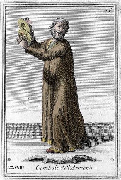 Cymbaler av armeniskt musikinstrument med slagverk. Gravyr från "Gabinetto Armonico pieno d