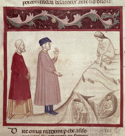 Dante och Vergilius (70-19 f.Kr.) möter själarna som är fängslade i klipporna, från The Divine Comedy av Dante Alighieri (1265-1321) av Italian School