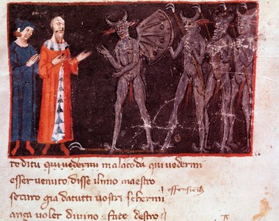 Dante och Virgil pratar med Malacoda, ledare för Malebranche-skvadronerna (låt 21 från helvetet, i den gudomliga komedin) - miniatyr av Italian School