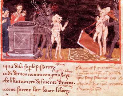Dante och Vergilius omgivna av hallickarna och förförarna (låt 18 från Hell, in the Divine Comedy) - Miniatyr av Italian School