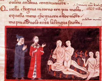 Dante et Virgil omgiven av de våldsamma (sång 14 från helvetet, i den gudomliga komedin) - miniatyr 1300-tal av Italian School