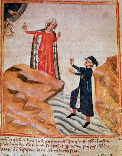 Dante möter Mathelda på Lethes strand (sång 28 från skärselden, i den gudomliga komedin) - Minature av Italian School
