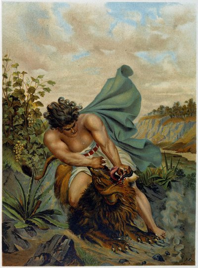 David slåss mot ett lejon i "Golden classic Bible: history of divine revelation in the old and in the new striving" av Giovanni Ladislao Sykora (vol. 1), översatt av Don Clemente Benetti. (Italiensk bibel) av Italian School