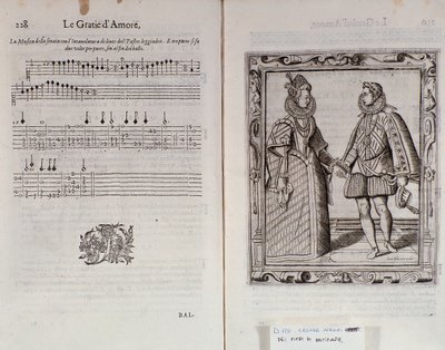 Beskrivning av balett för två Dubbelsida av Le Gratie dAmore (Le Grazie dAmore) av den italienska dansaren Cesare Negri kallad Il Trombone (1536-1604), fördrag om dans av Italian School