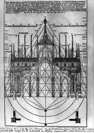 Design för katedralen i Milano, illustration från De Architectura av Vitruvius, Como, 1521 av Italian School