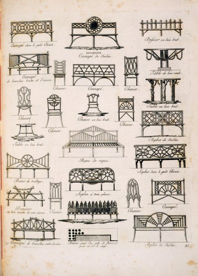 Design för trädgårdsstolar, från A Compendium of Drawings, av J.G. Grohmann, publicerad 1805 av Italian School