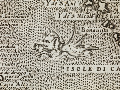 Detalj av en havselefant med en imponerande samling av spikar som sticker ut från ryggen, från "Den mest kända ön i världen, beskrev av Thomaso Porcacchi från Castiglione, Arretino, och snidad av Girolamo Porro, Padovano" av Italian School