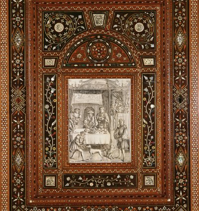 Detalj av en gravyr på elfenben, efter Memling (ca 1433-94), från ett skåp som gavs till Mary Queen of Scots (1542-87) och Francis II (1544-60) som bröllopsgåva (trä och inlagt elfenben) ( se 162449) av Italian School