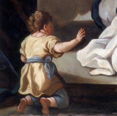 Detalj av målningen som föreställer rosenkransens Madonna med heliga Dominik och Katarina av Siena av Italian School