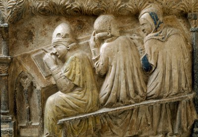 Detalj som representerar elever som följer Bonifacio Galluzzis kurs (Grave slab, cirka 1346) av Italian School
