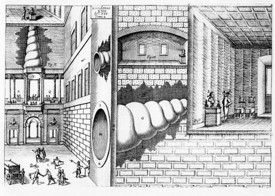 Apparat för att lyssna på samtal på en piazza, illustration från Musurgia Universalis av Athanasius Kircher (1601-80) publicerad i Rom, 1650 av Italian School