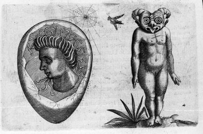 Olika typer av mänskliga monster: en fossil människa och ett monster. Gravyr från "Monstrens natur, deras orsaker och skillnader" av Fortunio Whilei (1577-1656), italiensk vetenskapsman. 1646 av Italian School