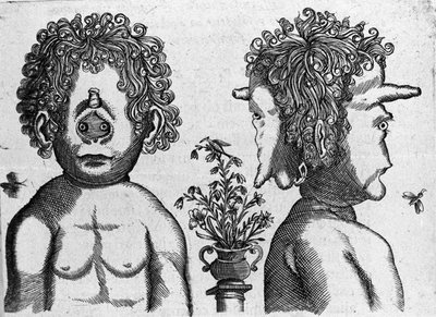 Olika typer av mänskliga monster: ansikte och ansikte på monsterhuvud. Gravyr från "Monstrens natur, deras orsaker och skillnader" av Fortunio Whilei (1577-1656), italiensk vetenskapsman. 1646 av Italian School