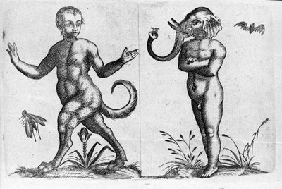 Olika typer av mänskliga monster: en man med djurben och en annan med elefanthuvud. Gravyr från "De monstrorum natura, causis et differentiis" av Fortunio Liceti (1577-1656), italiensk vetenskapsman. 1646 av Italian School
