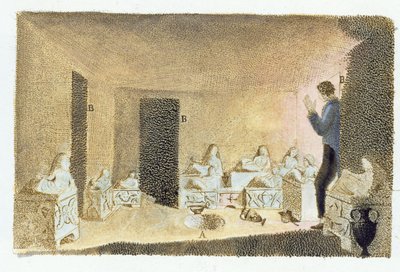 Upptäckten av etruskiska gravar. illustration från Monumenti Etruschi av Francesco Inghirami (1772-1846), publicerad på Fiesole, 1825 (färgstick) av Italian School