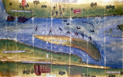 Tvist om rätten att skörda is mellan invånarna i floden Po. 1535. Milano, Riksarkivet. av Italian School