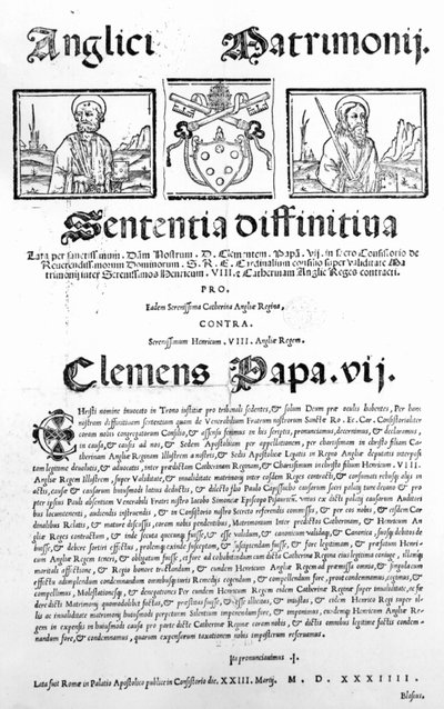 Dokument som förklarar påvens dom om giltigheten av äktenskapet mellan Henrik VIII och Katarina av Aragonien, 1534 (tryck) av Italian School