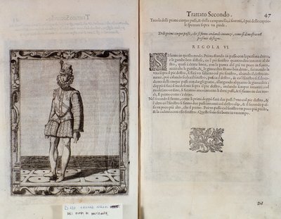 Dubbelsida av Le Gratie dAmore (Le Grazie dAmore) av den italienska dansaren Cesare Negri kallad Il Trombone (1536-1604), fördrag om dans av Italian School