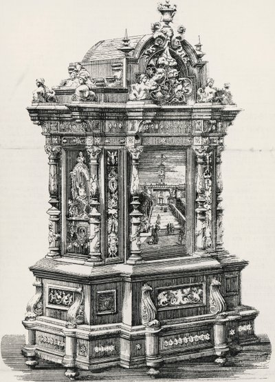 Ebenholtsskåp med inläggningar av möbelsnickare Alessandro Monteneri från Perugia (aktivt 1800-1900-tal), illustration från italiensk utställning 1881 i Milano, Italien av Italian School