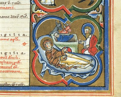 Elizabethansk kalender, december, Nativity (penna & bläck, tempera och bladguld på veläng) av Italian School