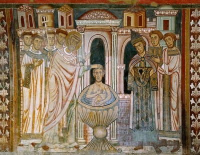 Kejsar Konstantin, efter att ha blivit botad från spetälska, detalj från "Legend of Constantine and St. Sylvester" av Italian School