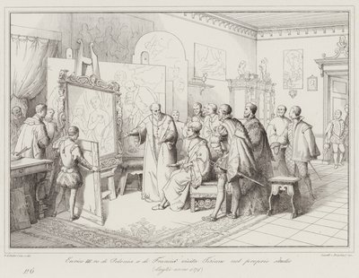 Henrik III, kung av Polen och Frankrike, besöker Titian i sin ateljé av Italian School