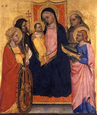 Madonna och barn på tronen med fyra heliga, ca 1400 (tempera på poppelträ) av Italian School