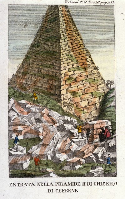 Belzonis inträde i pyramiden i Guizeh (Guiseh, Giza, Giza) eller Chephren (gamla imperiet). Giovanni Battista (Gianbattista) Belzoni (1778-1823), italiensk upptäcktsresande och arkeolog, har gjort viktiga arkeologiska upptäckter i Egypten. Gravyr - i "" av Italian School