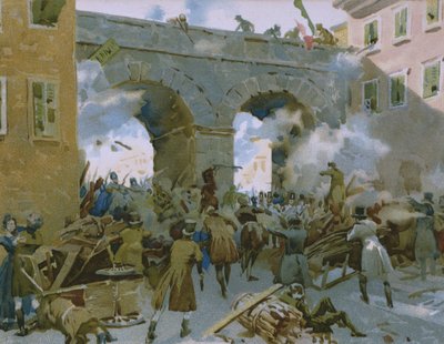 Händelser från 18 till 22 mars 1848, Milanese jagar ut österrikare, illustration från ett album om Risorgimentos historia gjord för chokladen Talmone, sent 1800-tal av Italian School