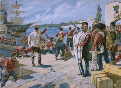 Expedition of the Thousand under ledning av Giuseppe Garibaldi, landning i Marsala, Sicilien, 1860, illustration från ett album om Risorgimentos historia gjord för chokladen Talmone, sent av Italian School