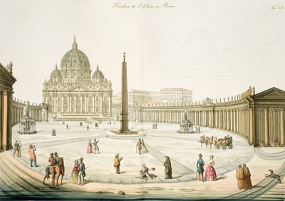 Fasad av Peterskyrkan i Rom med torget framför, skylt 25 från del III av Nationernas historia, graverad av G. Lago av Italian School