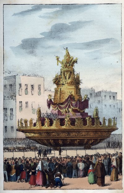 Fest av Santa Rosalia av Palermo (1130-1160), skyddshelgon för Palermo - Festen av Santa Rosalia - (skyddshelgon för Palermo i Italien) Festen av Santa Rosalia i Palermo på Sicilien - Fest av Santa Rosalia - gravyr från " "Användningar och seder hos Tutt av Italian School