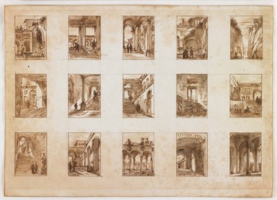 Femton miniatyrarkitektoniska och italienska vyer (penna och brunt bläck med tvätt över grafit på papper) av Italian School