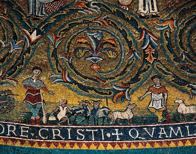 Figurer av herdar och djur, detalj från Triumph of Cross från medaljong av absid (mosaik) av Italian School