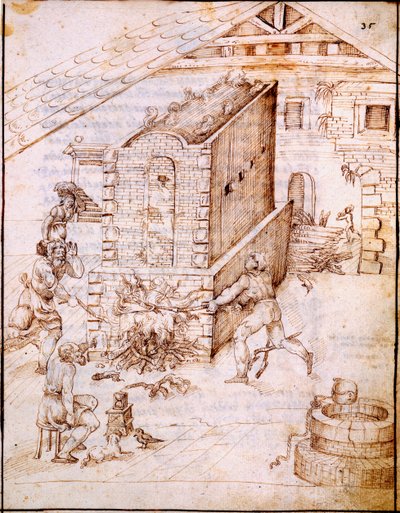 Fire an Early Kiln, ca 1630-talet (manuskript vellum) av Italian School